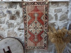 Hand-Woven Vintage Area Carpet 2×5 Red Wool Medium Size Geometric Bedroom Rug