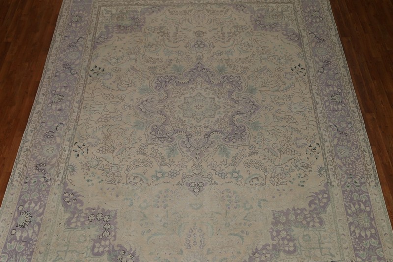 Vintage Muted Beige Wool Tebriz Handmade Dining Room Area Rug 10x13 Carpet gallery