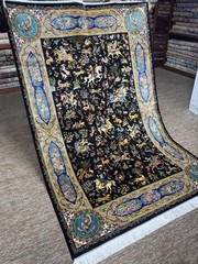 1.5×2.25m Pers,ian Q,u,m Shikargah Hunting Scene Rug Black Bamboo Silk Pictorial