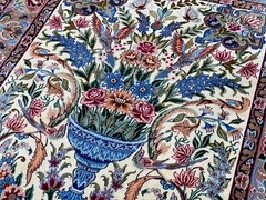 4’x 6’ Esfaha n Wool & Silk, Authentic Fine Hand Knotted Vase Birds Design Rug