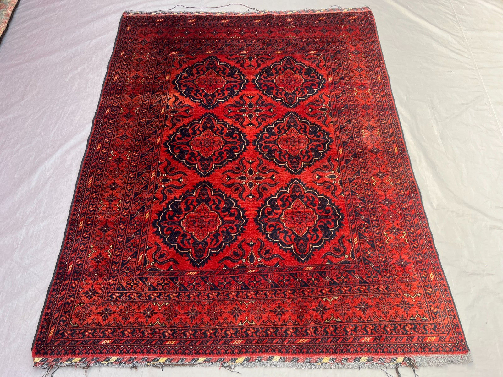 4'10x6'2 ft Vintage Afghan Turkmen Bokhara Handwoven Wool Red Blue Area Rug gallery