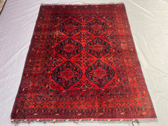 4’10×6’2 ft Vintage Afghan Turkmen Bokhara Handwoven Wool Red Blue Area Rug
