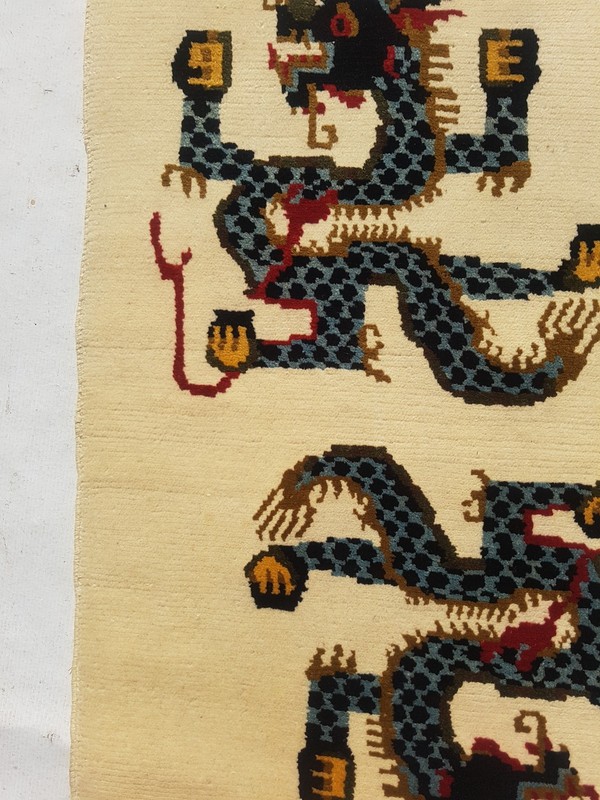 Vintage Handmade Chinese Tibetan Double Dragon Art Deco Wool Rug 89x63 cm gallery
