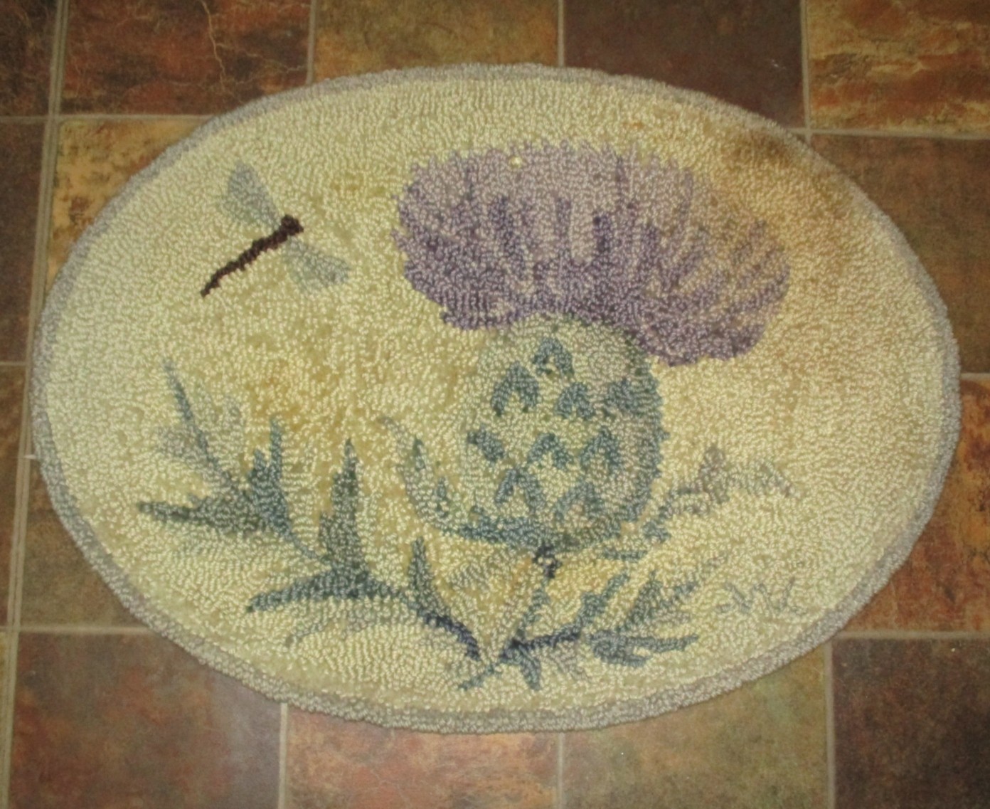 Vintage Original GEORGE WELLS HOOKED RUG Dragonfly & Thistle Signed/Tagged 25x18 gallery