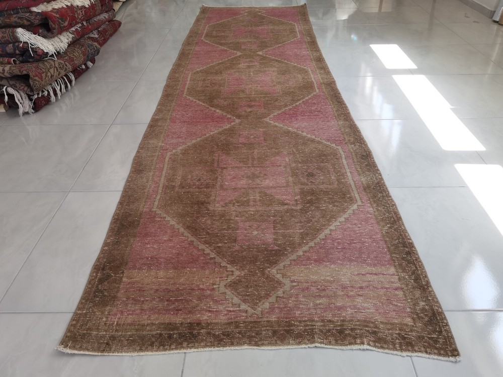 Vintage Turkish Oushak Runner 3x12 Hand Knotted Wool Pink Brown Tribal