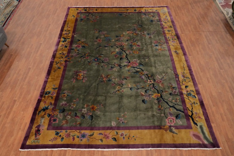 Antique Art Deco Large Rug 12x17 Vegetable Dye Chinese Green/ Gold Hand-knotted gallery