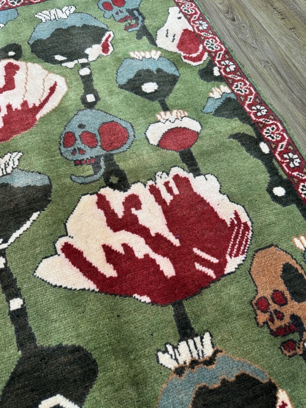 Afghan War Rug 2'7x4' Hand Knotted Wool Skull Poppy Green Oriental Wall Art Rug gallery