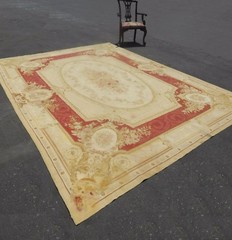 Large Vintage Hand Knotted Tan Floral Aubusson Tapestry Area Rug Made In France