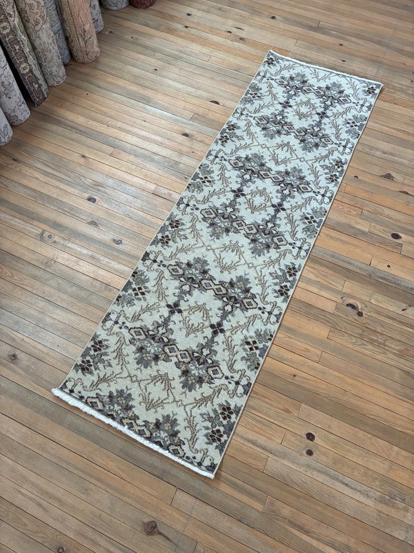 Rare Pastel Vintage Turkish Runner 2x8 Blush Pink Sage Wool Hand Knotted Rug gallery