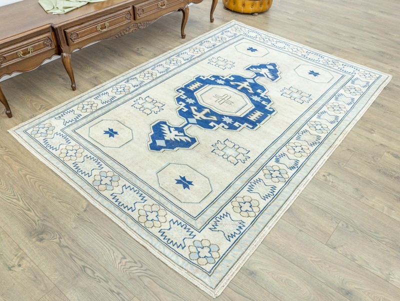 Vintage Modern Turkish Large Area Rug 5.6x8.1 ft Hand-knotted Oushak Wool Carpet gallery