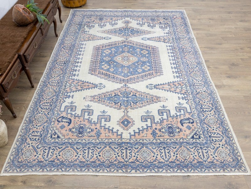 Coastal Boho Rug 8.1x10.10 ft – Blue Peach – Soft Mediterranean Statement Carpet gallery