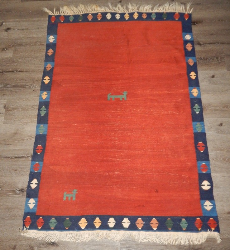 Vintage Hand Woven Dog Rug Wool Orange Blue Tan Wall Hanging 68"x46" Recep C gallery