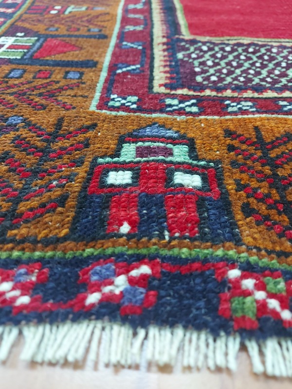 Antique Brown Prayer Rug Geometric Pictorial Vintage Turkish Decor Handmade Rug gallery
