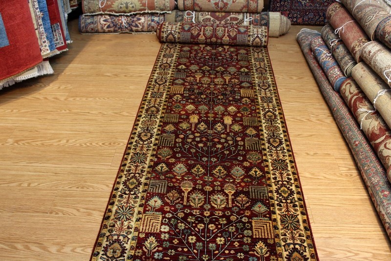 17 Ft. long TOP QUALITY handmade hall runner HIGH KNOTS Red Maroon background gallery