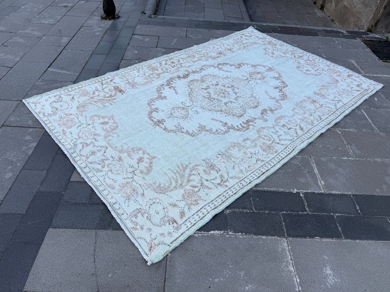 Vintage Turkish Oushak Rug 5.4x8.7 ft Muted Mint Pink Floral Wool Area Rug gallery