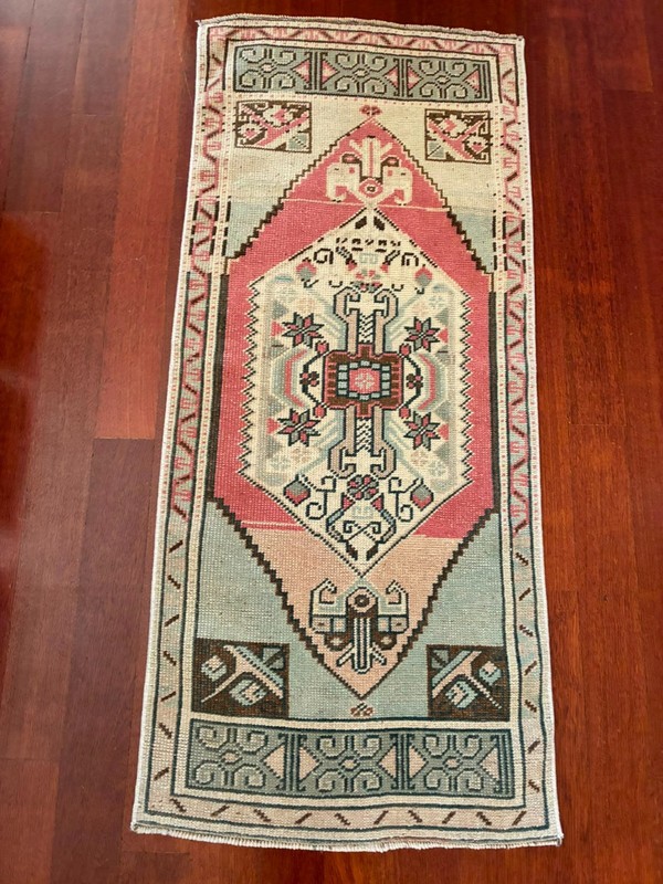 2x4 Small Runner Tribal Pink Blue Hand Knotted Vintage Turkish Wool Accent Rug gallery