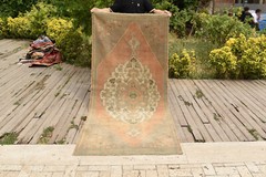 Turkish Rug 3×7 Size Handwoven Oushak 107x237cm Natural Wool Orange Carpet Muted