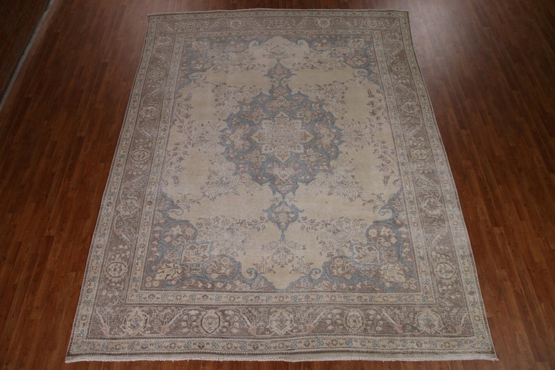 Distressed Handmade Rug 10x12 Ft Living Room Area Rug Floral Beige Wool Carpet gallery