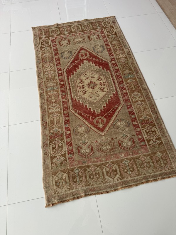 Vintage Hand Knotted Wool Oushak Rug, 3x6 Turkish Rug in Red Brown Beige Tones gallery