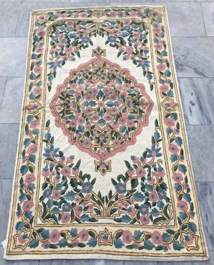 Vintage Handmade Aubusson Rug French Style Chain Stitch Needlepoint Rug 3x5 ft