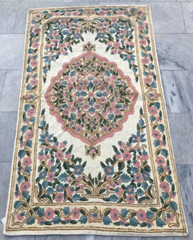 Vintage Handmade Aubusson Rug French Style Chain Stitch Needlepoint Rug 3×5 ft