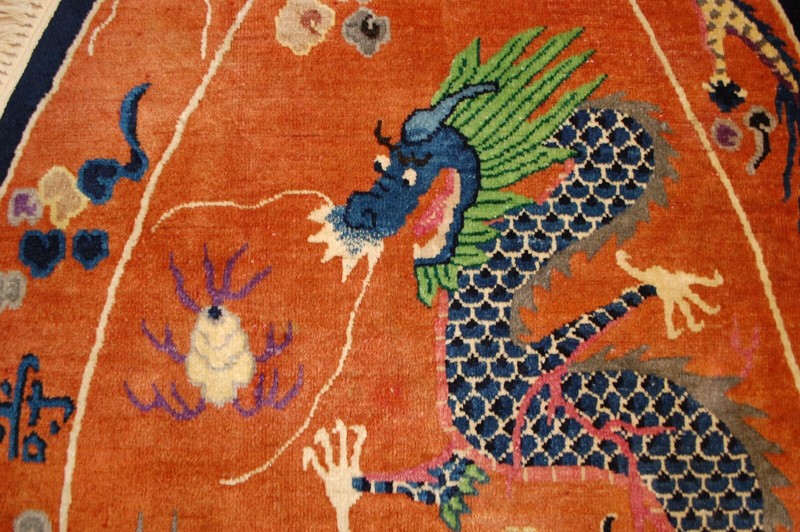 C1910s ANTIQUE ART DECO CHINESE RUG,OVAL 3.9 X 6.9 RARE DRAGON DESIGN gallery