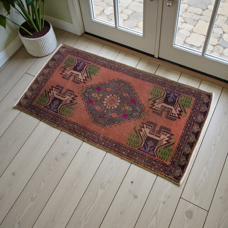 Vintage Turkish Rug Door Mat 1970s Hand Knotted Accent rug Enrty Decor 1'9 x 3'6 gallery