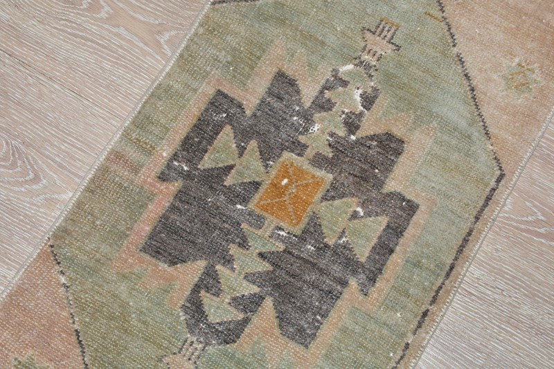 Vintage Turkish Mini Rug 1'3x3 ft, Small Oushak Rug | Faded Orange Green Mat gallery
