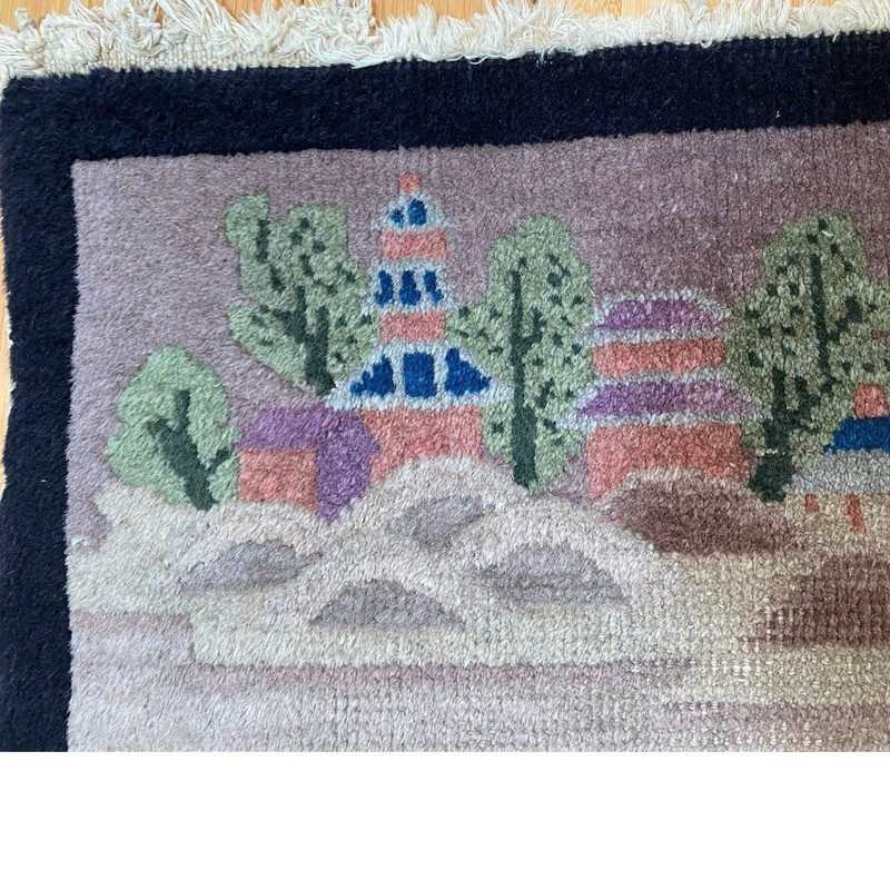 Vintage 1930s At Deco Asian Wool Rug Black, Tan, Pagoda, China gallery