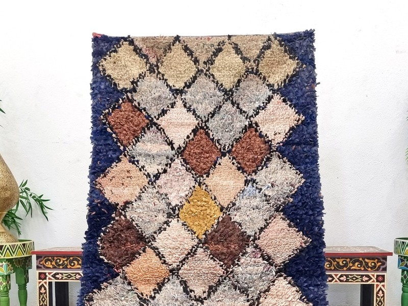 Moroccan Handmade Vintage Boucherouite 3'2x7'4Berber Geometric Blue Cotton Rug gallery