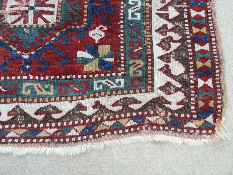 Graphic Antique Mid 19c 3 Medallion Caucasian Kazak Rug Wool Warp & Weft 48x78" gallery
