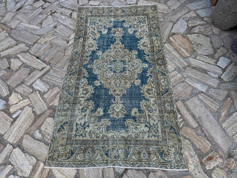 Hand-Knotted Vintage Rug 4x6 Blue Cotton Traditional Carpet Medium Size Anatolia gallery
