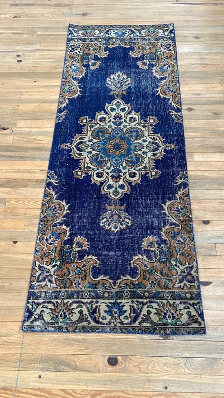 Hand-Knotted Wool Runner Rug: Vintage Blue Oriental Hallway Carpet (2.4x6.7 ft) gallery