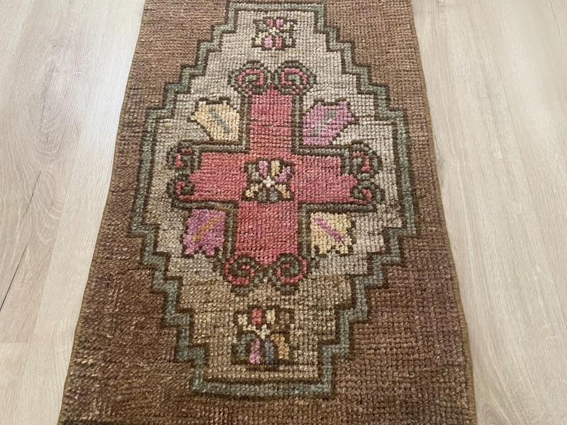 Brown Turkish Runner Rug Handmade Vintage Wool Hallway Rug 1.3x3.5 Ft gallery