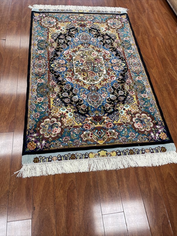 Authentic Hand Made Rug Silk Middle Eastern 3x5 Feet Blue gallery