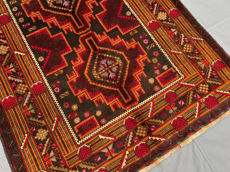 3'7x6'6 ft Vintage Afghan Baluchi Hand-Knotted Bold Geometric Red & Brown Rug gallery