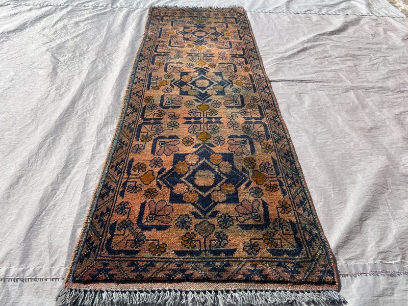 Faded Hand Knotted Afghan Runner Rug 2x5 ft Geometric Turkmen Terracotta Carpet gallery