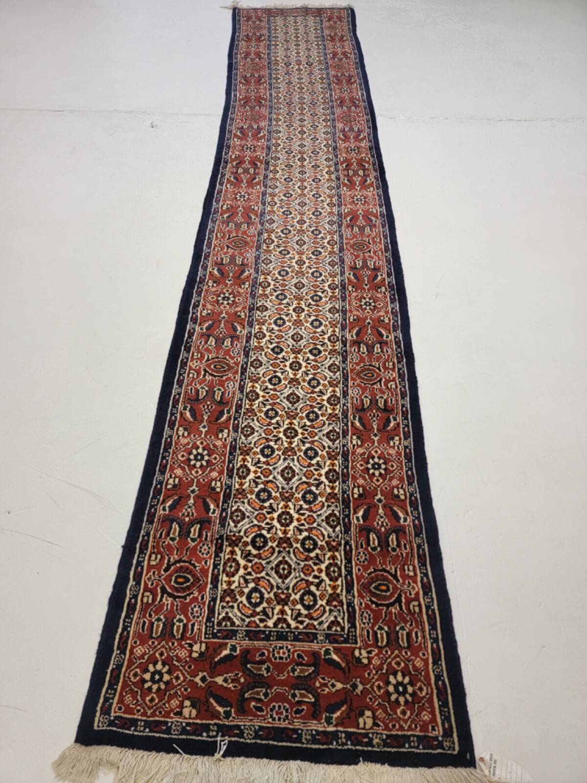 Antique Oriental Hand-Knotted Wool Runner Mood Red/Ivory/Navy Blue 2'6" x 13'4" gallery