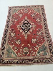Antique Oriental Hand-Knotted Wool Area Rug Red/Green/Navy Blue 4’5″ x 6’6″