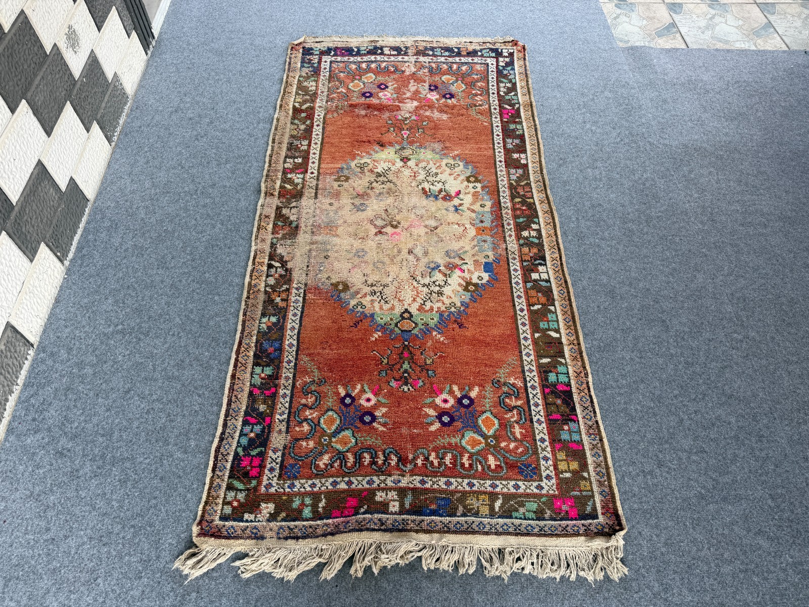 Vintage Turkish Medallion Rug 3x6.7 ft Handwoven Anatolian Wool 1970s Farmhouse gallery