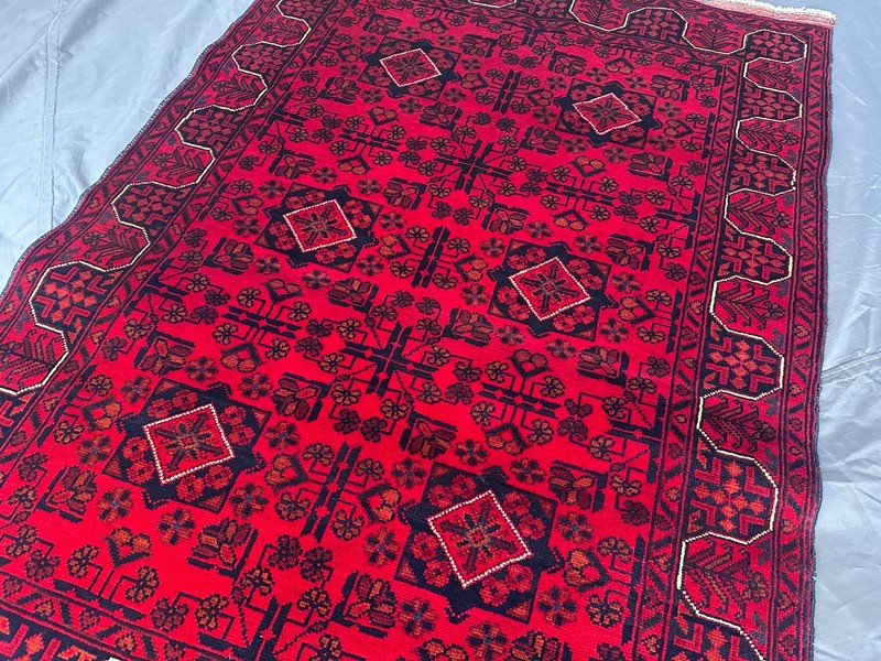 Hand Knotted Afghan Turkmen Rug Khal Mohammadi Red Geometric Moss Rug 3'5x4'10 gallery