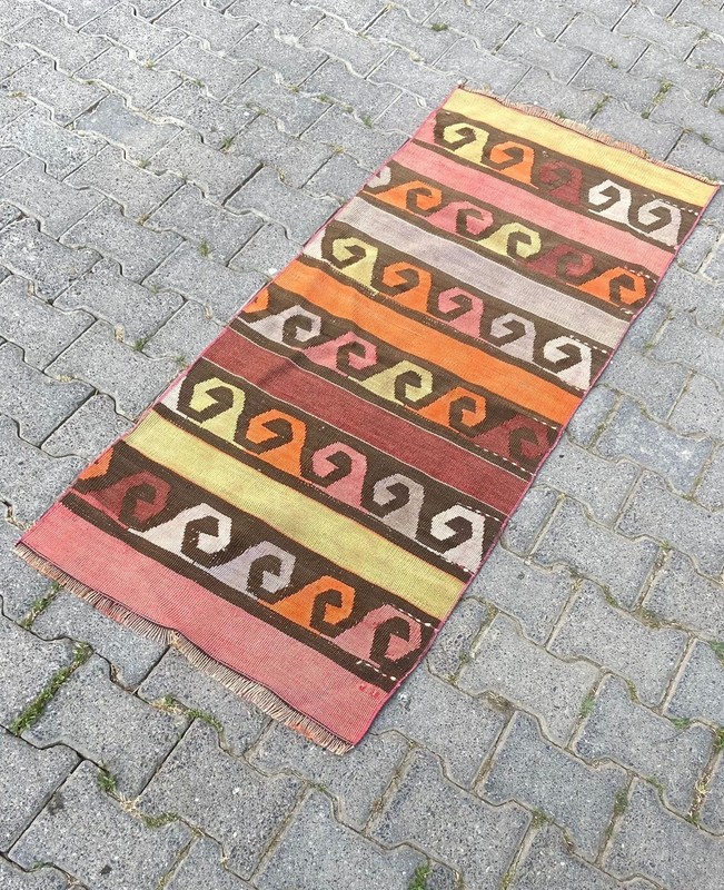 Turkish Vintage Handmade Kilim Rug, 2.1 x 5.1 ft Bedroom Rug, Antique Oushak Rug gallery