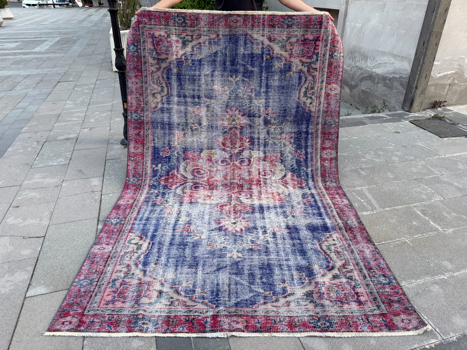 Vintage Oushak Rug 5.5x8.5 Ft Blue Turkish Wool Distressed Medallion Rug gallery