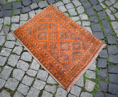 Vintage Tribal Orange Rug 25” x 32” Organic Wool Tribal Rug Handwoven Area Rug