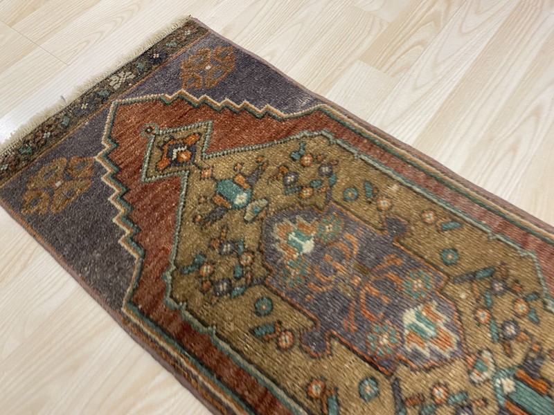 Antique Turkish Rug 1.2x2.8 ft Vintage Purple Rust Tribal Small Carpet Boho Mat gallery