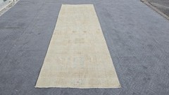 4×11 Vintage Turkish Oushak Runner Hand Knotted Wool Cream Green Neutral