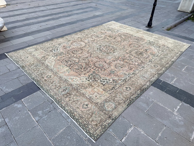 Vintage Turkish Rug 9.8x12.8 ft Beige Blush Pink Wool Handmade Distressed Rug gallery