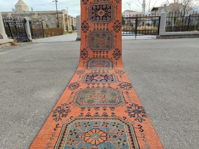 16'8" ft extra long runner rug stair hallway, Long runner Turkish Oushak vintage gallery