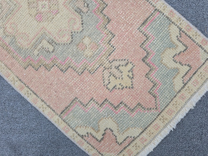 Vintage Turkish Oushak Rug 1.3x2.8 Hand Knotted Wool Pink Blue Cream Boho gallery