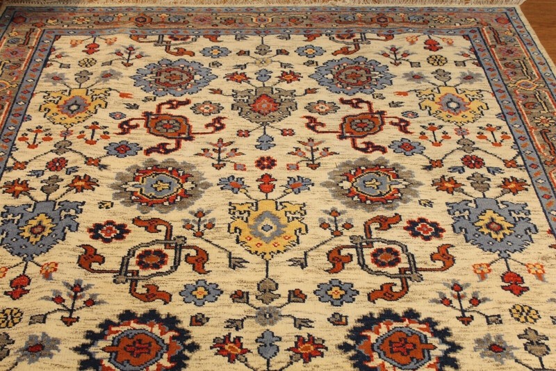 Handmade Wool rug. Beige Background, 6' x 9' red, blue, cream ivory Pm75 gallery